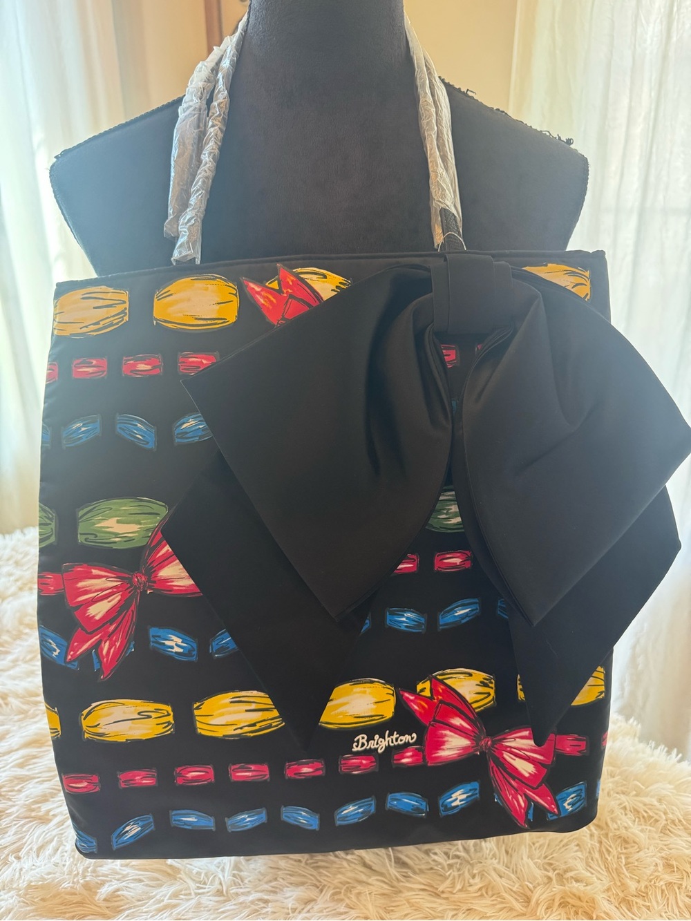 Brighton Tote with Multicolor Bow Print and Big Satin Bow